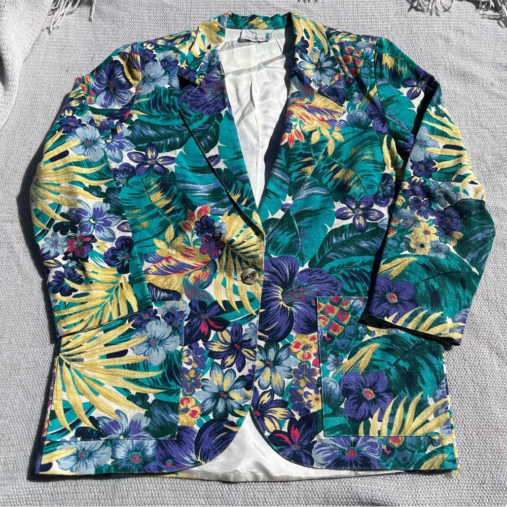Vintage Danielle B Floral Print Cotton Flax Linen Blazer Size Small Oversized
